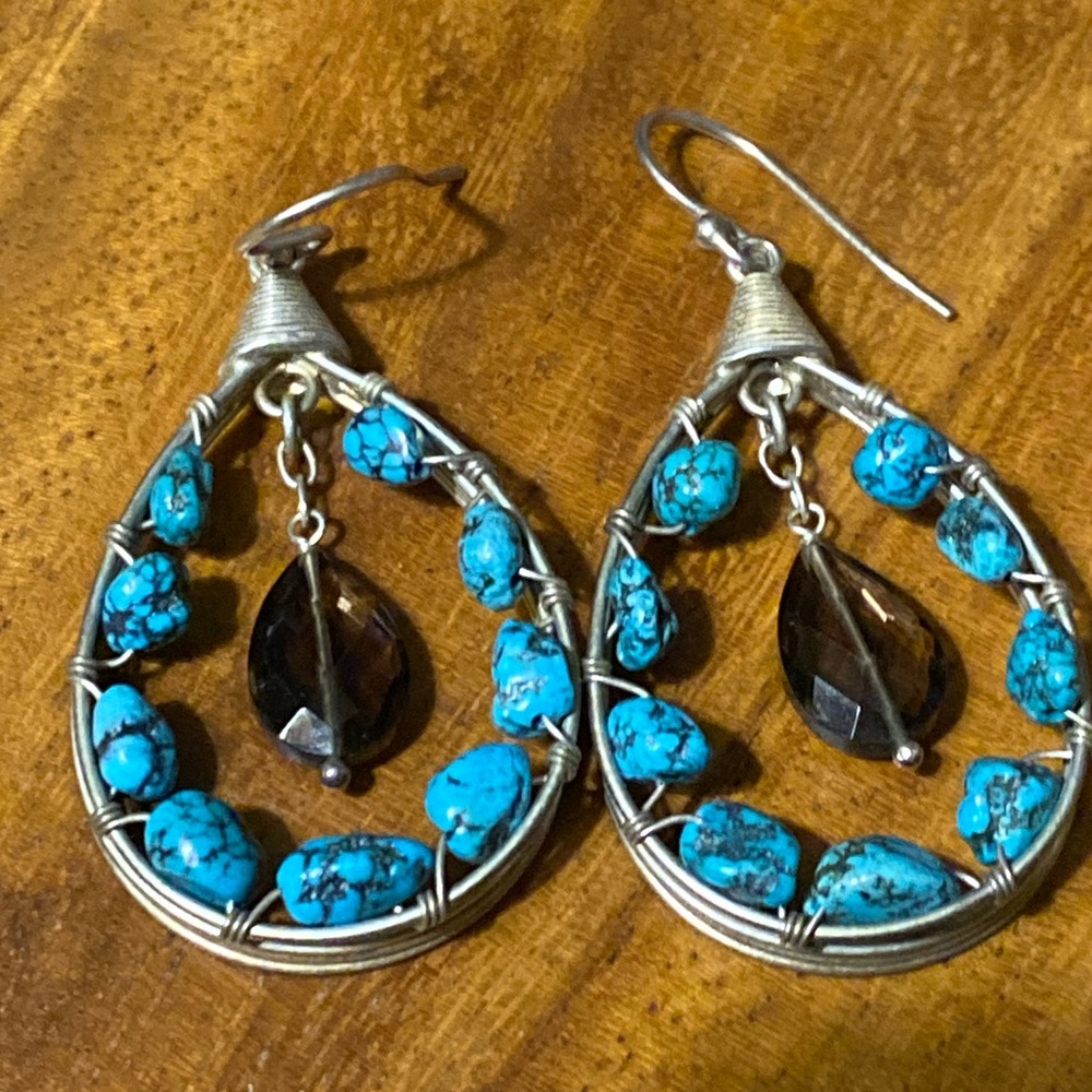 Turquoise, Smokey Quartz Teardrop Earrings